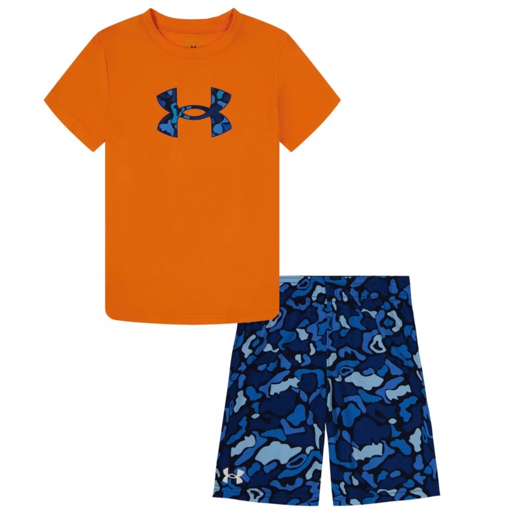 NEW Little Boy Under Armour Blue Camo Shorts & Orange Logo Tee Set